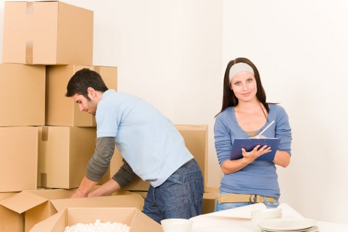 Furniture and boxes arranged for temporary storage